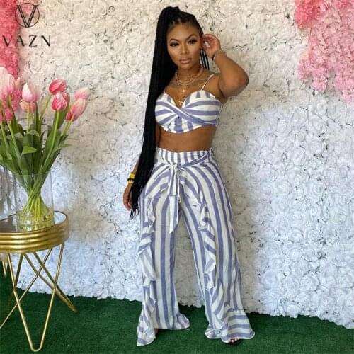 VAZN 2021 INS Style New Design High Street Striped Loose Sexy Sleeveless Print 2 Piece Set Women Top And Pant Summer