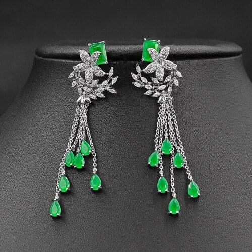Vintage Green Crystal Flower Earrings For Women 2021 Fashion Temperament Long Tassel Pendant Earring Water Drop Dangler Jewelry