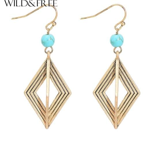 Wild&Free New Alloy Solid Geometry Drop Dangle Earrings With Blue Stone Women Vintage Hanging Earrings Wholesale Jewellery Gifts