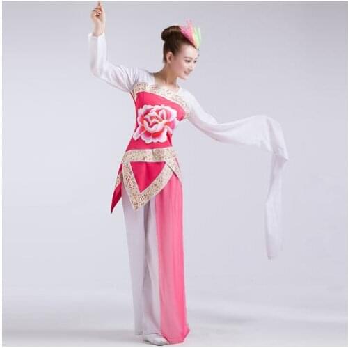 Long sleeve dance costumes female pink and white drum dance Classical dance Poetry ink printing fairy costume