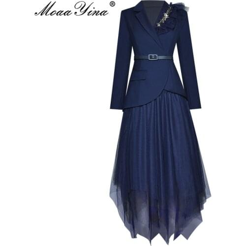 MoaaYina Fashion Designer Set Autumn Women Long Sleeve Beading Suit Tops+Mesh Asymmetrical Skirt Two-piece set