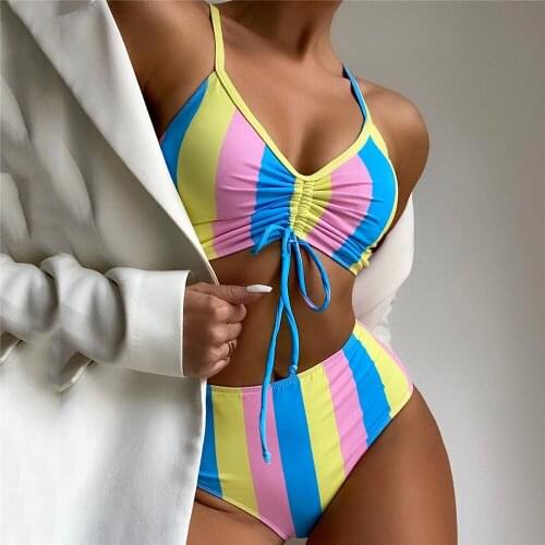 Color Striped Print Women Swimsuit Bikini Set High Wasit Swimwear Drawstring Brazilian Bikinis 2021 Mujer Bathing Suit Beachwear
