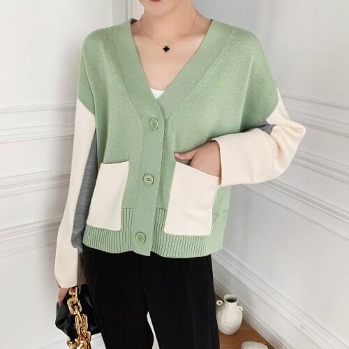 Women Sweater 2020 Fall New Product Loose Colorblock Cardigan Bean Green/Ivory Grey