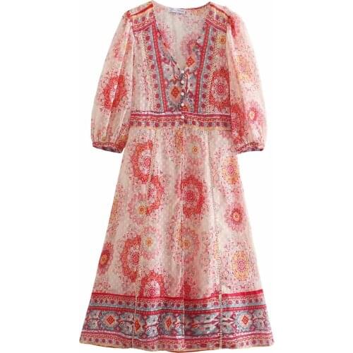 Summer Womens Fashion Lightweight Breathable Vertical Lace Printed Waist Split V-neck Long Dress Ankle Skirt