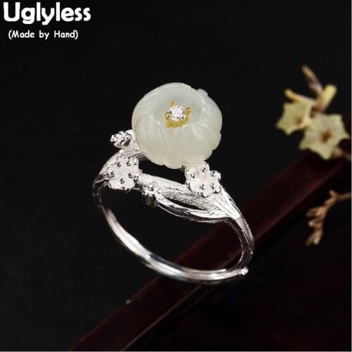 Uglyless 100% Real 925 Sterling Silver Handmade Little Flowers Open Rings for Women Natural Jade Plum Blossom Ring Fine Jewelry