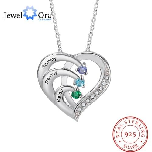 JewelOra 925 Sterling Silver Personalized Family Name Heart Necklaces for Women Customized Birthstone Engraving Mothers Necklace
