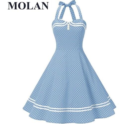 50s Hepburn Style Navy Retro Woman Dress Back Stitching Ribbon Wave Dots Strap Neck Loose Large Swing Female Vintage Chic Dress