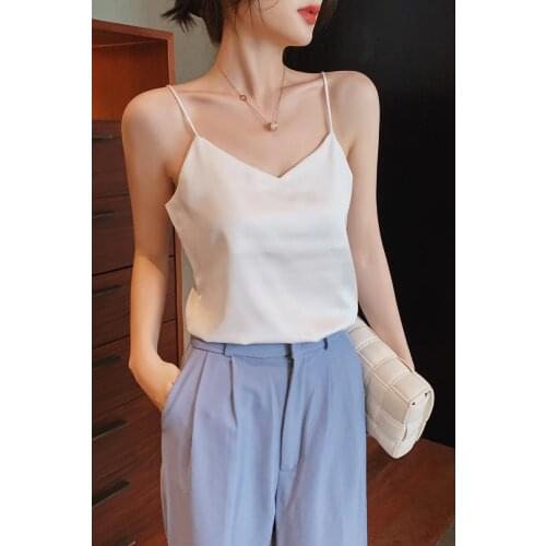 2021Women Tops Spaghetti Strap V-neck Satin Silky Tank Tops Sleeveless Black Tees Cami Sexy Halter Top