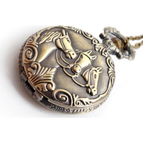 50pcs/lot Bronze Three little Horse Quartz Pocket Watches Necklace Pendant Men Gift Watches for Christmas