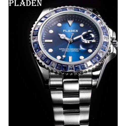 PLADEN Men Watches Blue Square Diamond Stainless Steel Automatic Date AAA Reloj Swimming Diving Silver Male Quartz Wristwatches