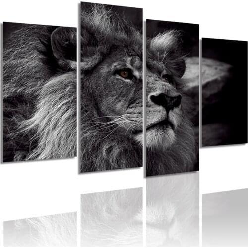 Black White African Lion Head 4 Panels Canvas Painting HD Poster Wall Art Print Picture Living Room Interior Home Decor Frame