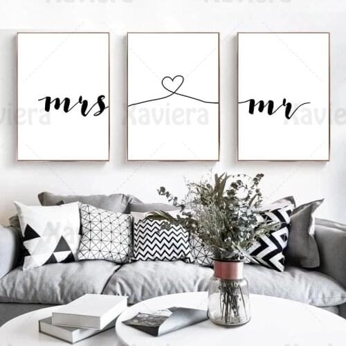 Black And White Minimalist Love Heart Poster Mr & Mrs Simple Words Wall Art Home Decor For Living Room Dining Room Mural Picture
