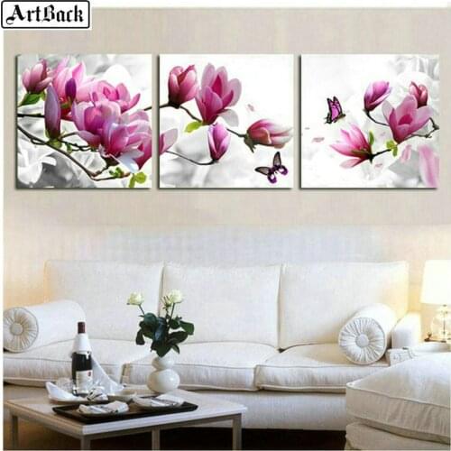 ArtBack three fight 5d diamond painting flowers full square peach sticker diy diamond mosaic wall decoration
