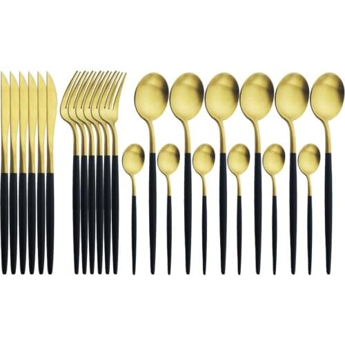 Round Handle Matte Black Gold Dinnerware Set 304 Stainless Steel Tableware Knife Fork Spoon Flatware Cutlery Set Service for 6