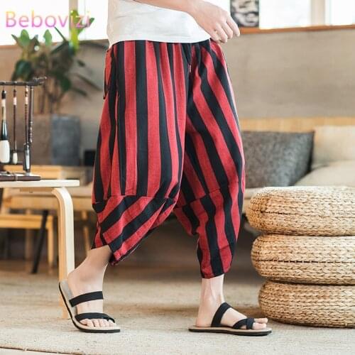 Summer Kimono Pants Japanese Male Casual Loose Samurai Red Stripes Trouser Japan Men Yukata Harajuku Traditional Asian Costume
