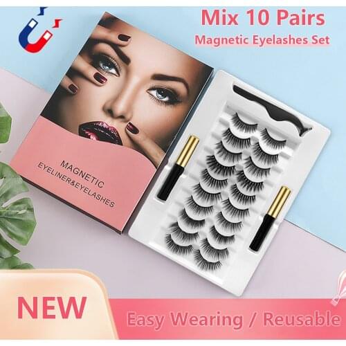 Magnetic Eyelashes 3D Mink 3/5/7/10 Pairs Natural Thick Full Long Lasting Soft Handmade Five Magnet Lashes Liquid Eyeliner Kit