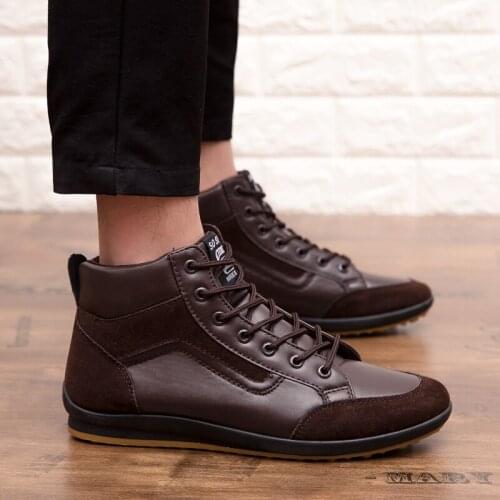 Fashion Mens Boots PU Leather Male Casual Soft Flat Shoes Lightweight Walking Shoes High Top Size 39-46