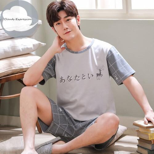 Summer Men Pyjamas Short Cotton Cartoon Pajamas Set Casual Striped Sleepwear Pyjamas Nightwear Pijamas Size 3XL Home Clothiing
