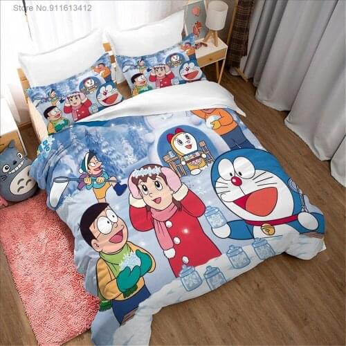 Gifts Anime Doraemon Bedding Set Japan Manga Polyester Quilt Cover Cute Duvet Cover with Pillowcase for Kids Children