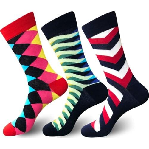 Stripe Diamond Lattice Colorful Happy Funny Men Dress Socks Male Casual Cotton Harajuku Hip Hop Socks Street Style Autumn Winter