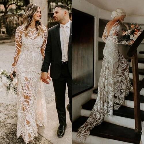 Bohemian Lace Wedding Dresses Bridal Gowns Long Sleeve Low Backless Chic Noivas Boho Rue de Soriee
