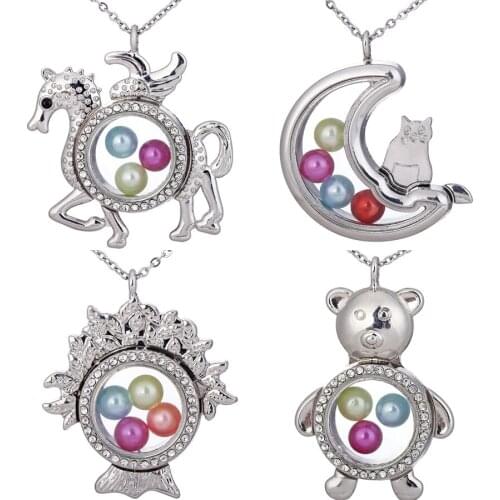 Vintage Animal Moon Floating Necklace Glass Locket Pendant Steel Chain Necklace Finding Aromatherapy Essential Oil Jewelry