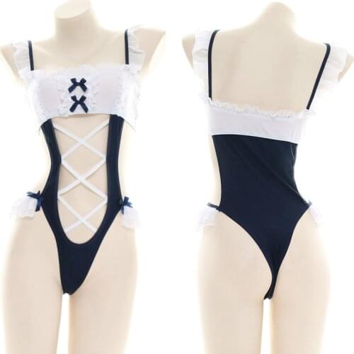 Japanese Womens High Split Sleeveless Sukumizu Swimsuit Body Suit Swimwear Ruffle Bow Sleepwear School Sexy Beachwear Cosplay