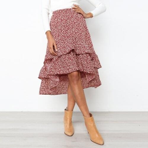 High Waist Flounce Beach Women Skirts Polka Dot Feminino Summer Ruffles Asymmetrical Elegant Midi Skirt