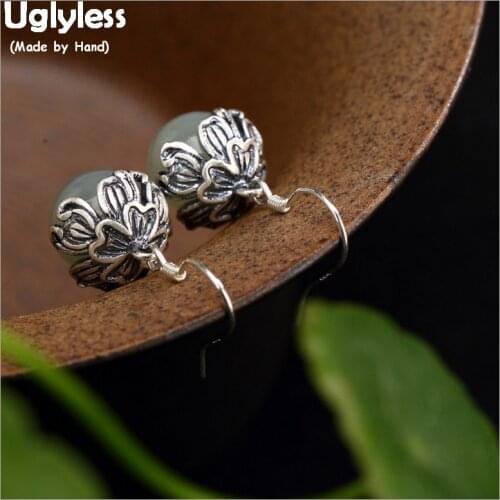 Uglyless Handmade Leaf Thai Silver Fine Jewelry Women Natural Gemstones White Jade Ball Earrings Real Solid 925 Silver Earrings