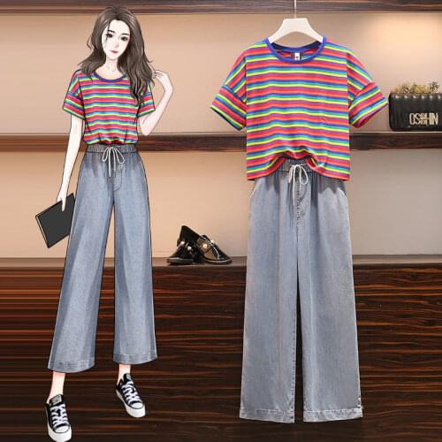 Large Size Womens Suit Western Style Striped Short-sleeved Short-sleeved Blouse + Jeans 2-piece Suit Ladies Trouser Suit