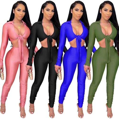 Sexy Cardigan Bow-knot Solid Two Piece Set Women Casual V Neck Long Sleeve Lace Up Crop Top + Leggings Club Tracksuit Women