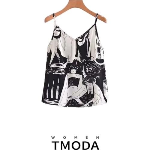 TMODA1295 2021 Summer Vintage Za Women V-neck Backless Black Print Simple Sling Sexy Fashion Loose Chic Female Tops