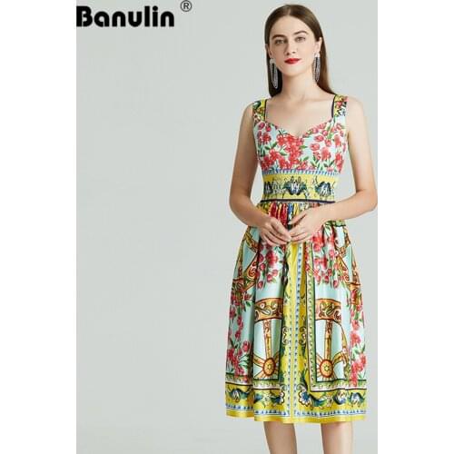 2021 Summer Runway Vacation Tank Dress Womens V-Neck Sleeveless Elastic Waist Gorgeous Floral Printed Party Dress Vestido