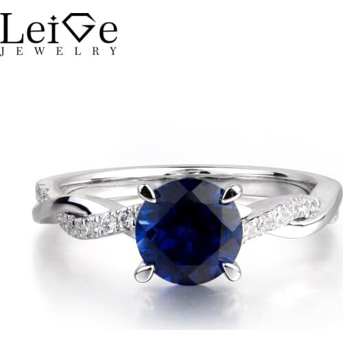 Leige Jewelry Lab Blue Sapphire Gemstone Round Shape Engagement Bohemia Rings 925 Sterling Silver September Birthstone