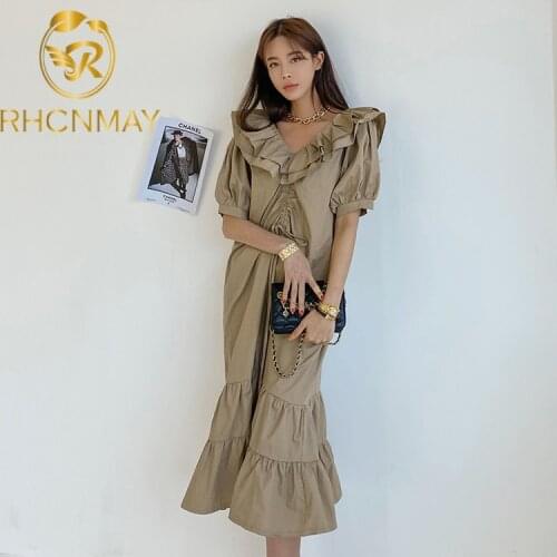 Elegant Korean Solid Casual Women Dress Ruffled Collar Puff Sleeve Ruched Mermaid Midi Dresses Loose Fashion Summer New