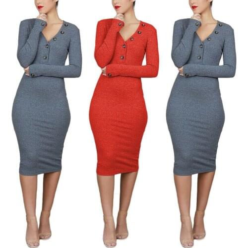 Womens Casual Dress Long Sleeve Office Wear Bodycon Midi Skirt V-neck Cocktail