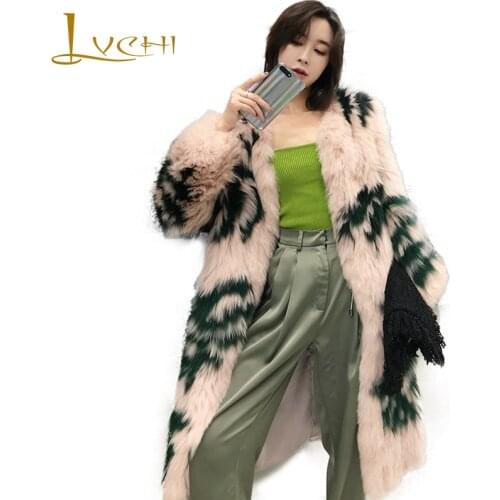 LVCHI 2019 Winter Real Fox Fur Coat O-Neck Natural Fox Fur Coat Womens Print Contrast Color Long Sleeve Long Wave Fox Fur Coats