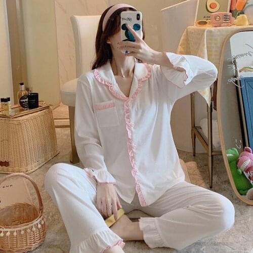 2020 New Autumn 100% Cotton Long Sleeve Cute Lace Pajama Sets for Women Sleepwear Suit Pyjama Homewear Pijama Mujer Home Clothes