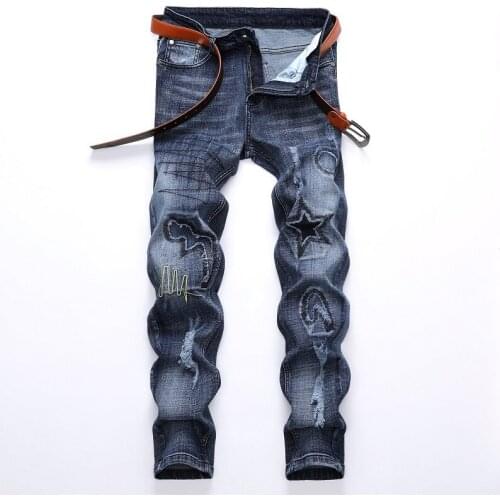 2021 AUTUMN Spring Mens Ripped Street HIP HOP Punk Stretch Bike Jeans Trendy Holes Straight Denim Trouers