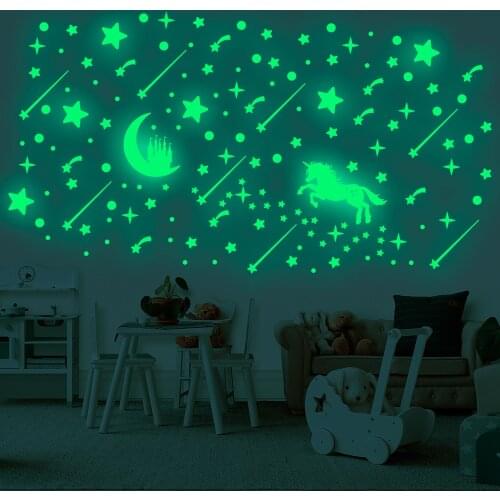 3D Luminous Unicorn sticker living bedroom baby room decoration Fluorescent moon star DIY Decal glow in the dark wall sticker