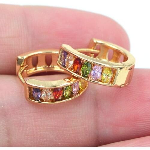 AAA+ Cubic Zirconia Gold Color Fashion Women Multi-Color Rainbow CZ Huggie Hoop Earrings Jewelry