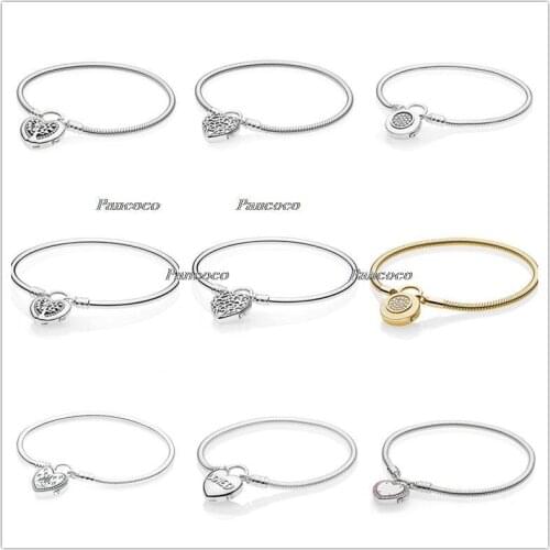 925 Sterling Silver Bracelet Lock Your Promise Snake Chain Bracelet Bangle Fit Women Bead Charm DIY Fashion Jewelry