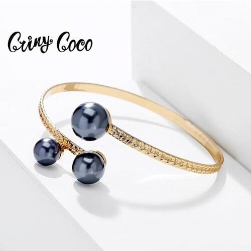 Cring coco Black Pearls Bracelets New Fashion Classic Womens Cuff Bangle Gold Color Alloy Jewelry Bracelet for Women Wedding
