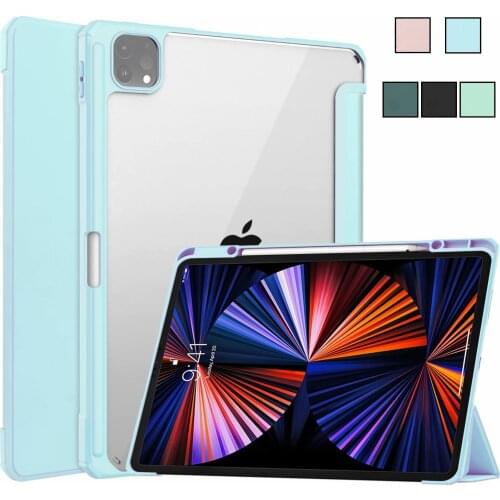 Case for iPad Pro 12.9 2021 2020 2018 Folio Flip Transparent Clear Hard Back Smart Cover Soft TPU Edge Auto Wake Sleep Function