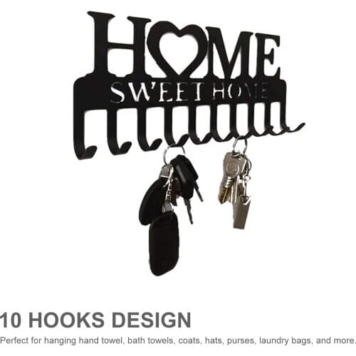 House Hook Rack 10 Hooks Key Holder Sweet Home Shaped Wall-Mounted Organizer Nail-free Drilling Hanger Storage Hook Front Door