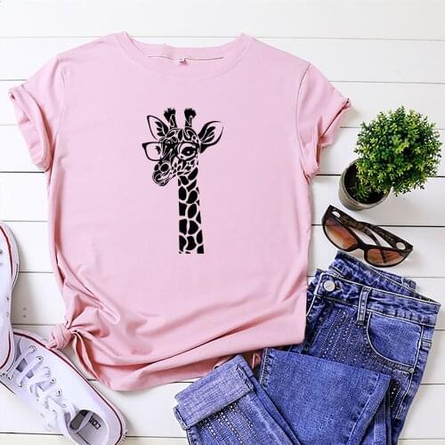 100% Cotton Summer New Womens T-shirt O-Neck Harajuku Cartoon Giraffe Top Casual Female T shirt Oversized Size S-5XL