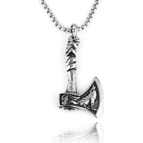 Norse Viking Celtic Fenrir Wolf Axe Necklace Mens Jewelry Gift