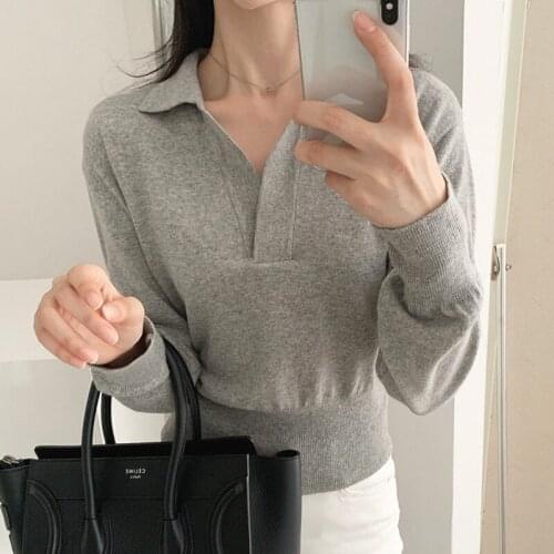 Korea Chic Early Autumn Minimalism Temperament White Loose Polo Collar Wild Long-Sleeved Sweater Sweater Women