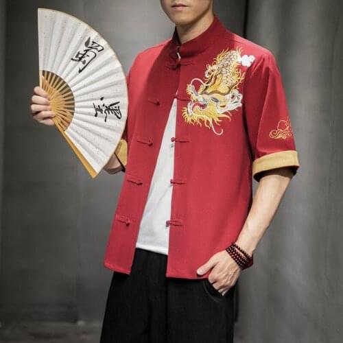 Tang Suit 2021 New Traditional Chinese Clothing For Men Cotton Linen Embroider Dragon Kung Fu Uniform Hanfu Blouse Shirts KK3421