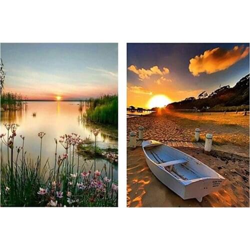 Paint with Diamond Embroidery "Lake Sunrise Flower Boat" Diamond Painting Full Square Round Picture of Rhinestone Decor